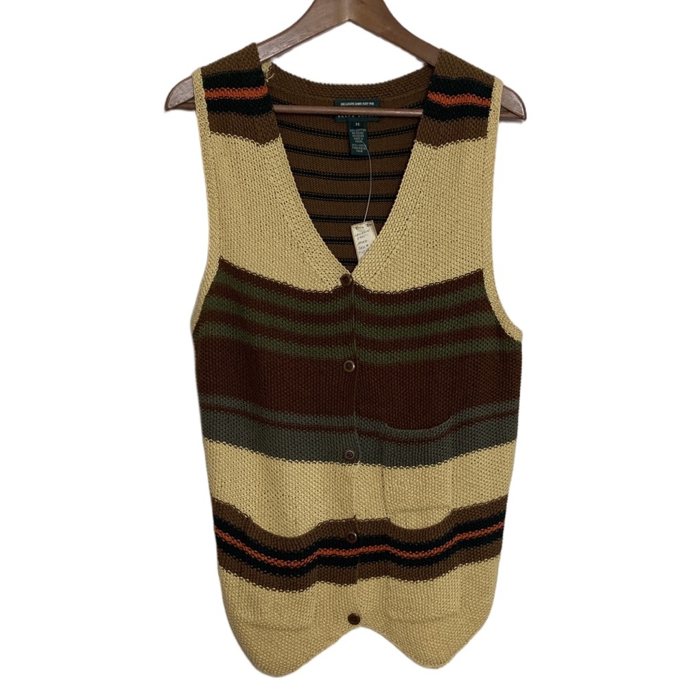 New Lauren Ralph Lauren Sweater Vest Womens Medium Beige Brown Stripe Hand Knit